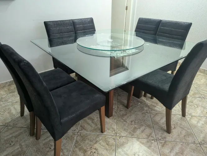 Mesa de Jantar Quadrada de Vidro c/ Centro Giratório + 8 Cadeiras de Madeira Maciça