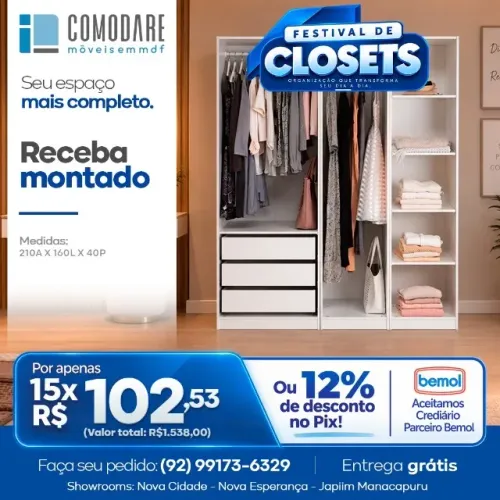 Closet 1,60m com 3 Gavetas e Prateleiras - R$ 1.538,00