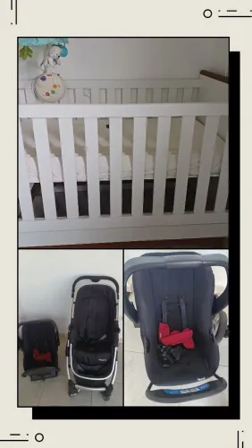 Carrinho de bebê com bebê conforto e berço