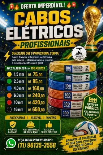 Cabos elétricos flexível antichamas certificado pelo Inmetro rolos 100mts 