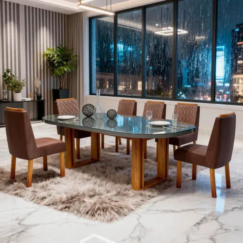 Sala de Jantar - Mesa Karen com tampo de vidro com 6 cadeiras