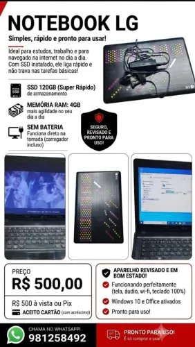 Notebook LG | SSD 120GB | 4GB RAM | Windows 10 + Office Ativados ?