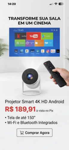 Projetor Smart 4K HD 150" Wi-Fi e Bluetooth (Transforme sua sala em cinema)