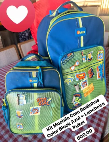 Kit Mochila Com Rodinhas Color Block Azul + Lancheira Puket