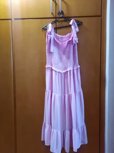 Vestido Rosa Midi Babado com Alça Amarração