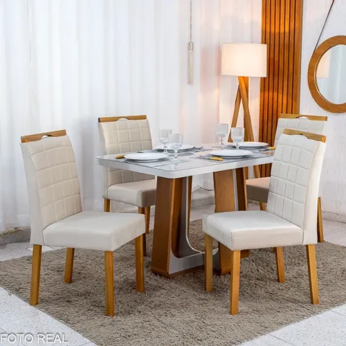 Mesa Sintonia 120x80 Tampo Vidro Off Base Amêndoa/Off + 4 Cadeiras Veludo Entrega Rápida