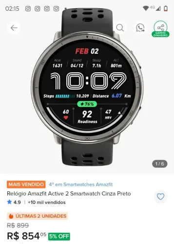 Relógio amazfit active 2 smartwatch cinza preto lacrado