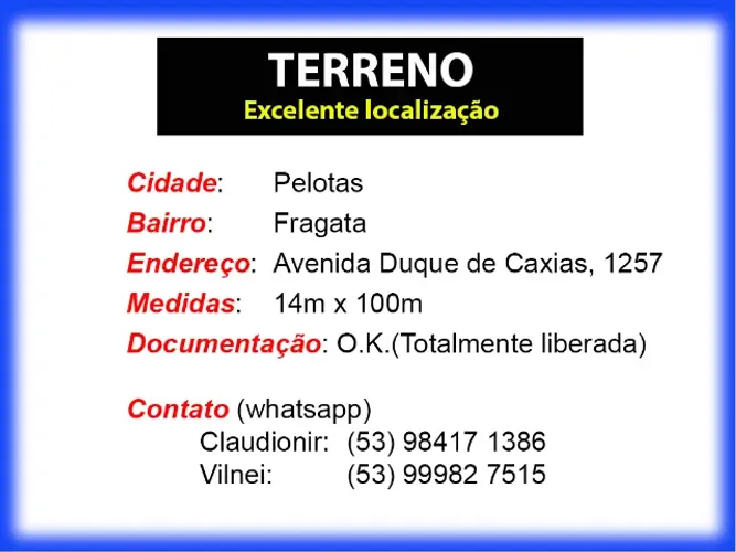 Terreno localizado em ponto estratégico do bairro Fragata, em Pelotas