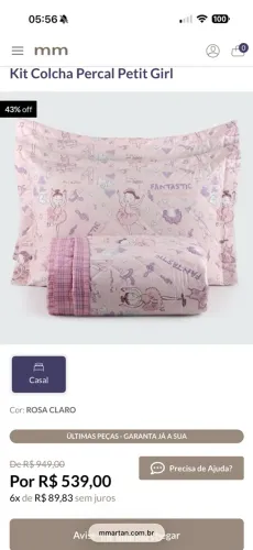 Colcha Percal Pétit Girl - MMARTAN - tamanho casal