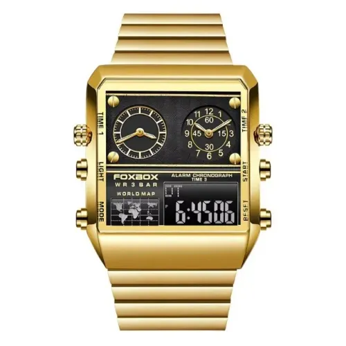 Relógio FoxBox Eletrônico Quartzo Masculino Social Dourado Pulseira Caixa Aço 