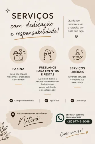Ofereço serviço de faxina, freelancer e serviços liberais