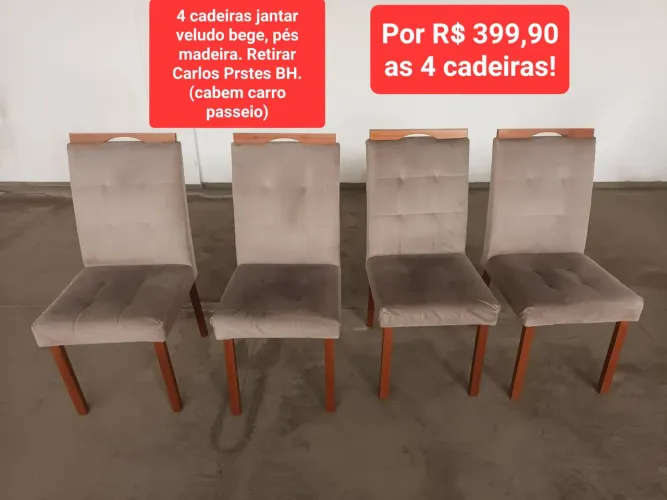 Cadeiras jantar veludo bege pés madeira 