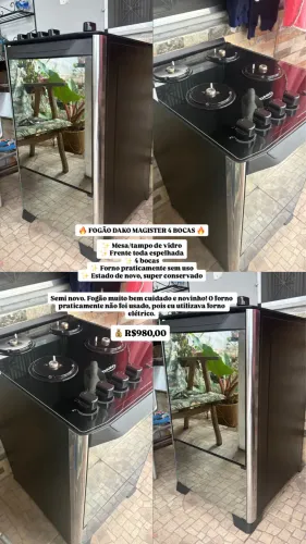 Fogão Dako 4 bocas mesa de vidro e frente espelhada