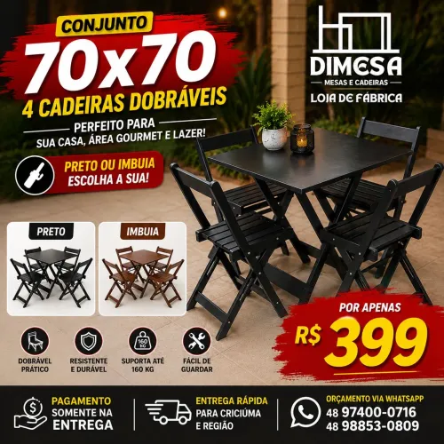Conjunto mesa 70x70 com 4 cadeiras dobráveis imbuia ou preta, direto da fábrica