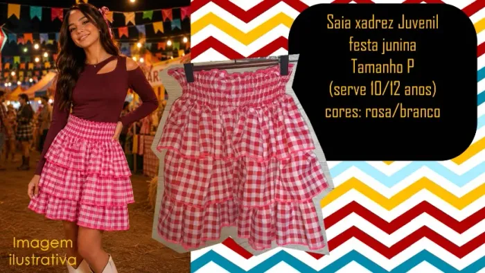 Saia xadrez Juvenil festa junina Tamanho P (serve 10/12 anos)