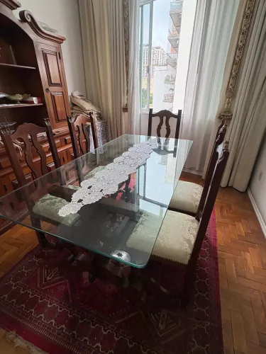 Conjunto Sala de Jantar Colonial - Mesa + 5 Cadeiras em Madeira Maciça com Jacquard Floral
