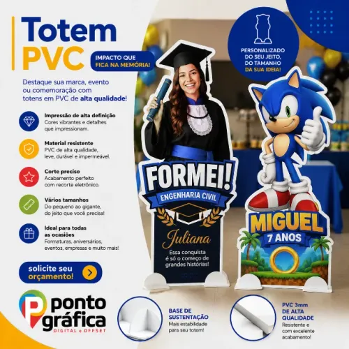 Totens PVC, de mesa ou tamanho real, vários formatos