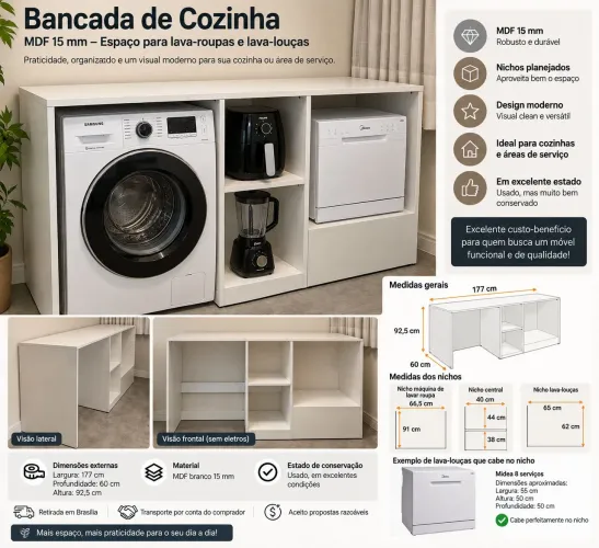 Bancada planejada para cozinha - MDF 15mm - nicho para lava-louças e máquina de lavar