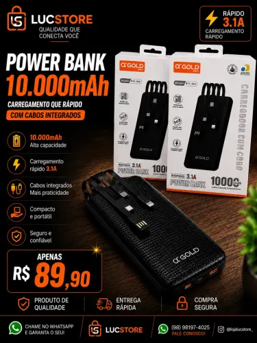 Powerbank 10.000mAh com cabos inclusos