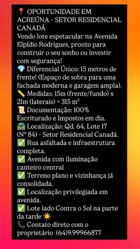 Oportunidade lote a venda em Acreúna