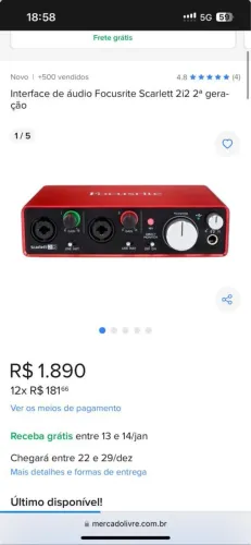 FOCUSRITE SCARLETT 2i2 2ª GERAÇÃO