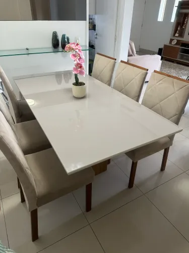 Mesa retangular 6 cadeiras com tampo de vidro