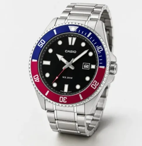 Relógio Masculino Casio MDV de Mergulho em Aço Inoxidável com Bisel Azul e Vermelho, 46mm