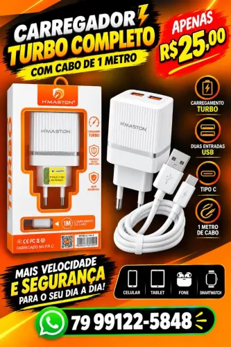 CARREGADOR TURBO TIPO C COMPLETO - CABO 1 METRO - DUAS ENTRADAS USB