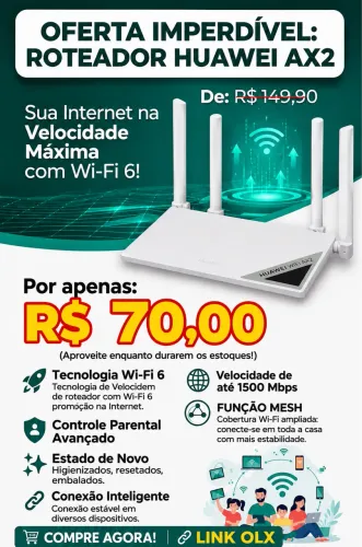 10 Roteador Huawei AX2 emWS7001 com Wi-Fi 6 e Mesh, acompanha fontes