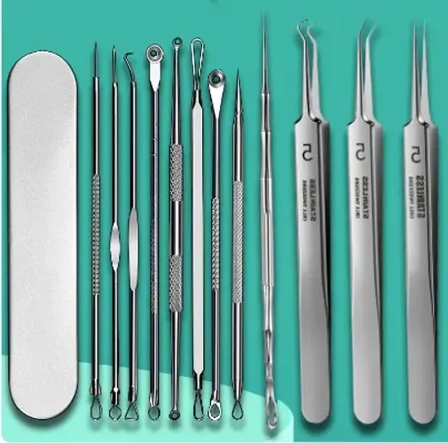 Kit com 12 Peças (8 Curetas + 3 Pinças) Limpeza de Pele Acne Cravos Extrator Estética z648