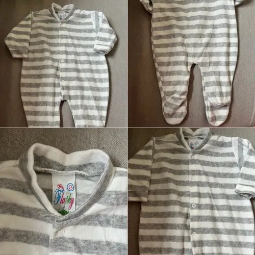 Macacão Bebê - Listrado Cinza e Branco - Tamanho G
