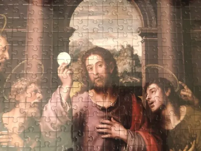 Quadro Santa Ceia todo em quebra cabeça com moldura em vidro