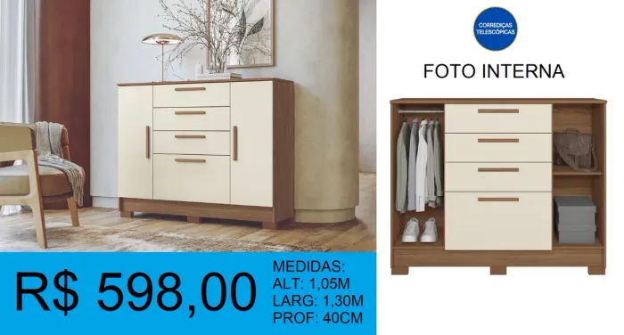 Cômoda Aparador com Gavetas e Cabideiro Interno - Organização e Estilo