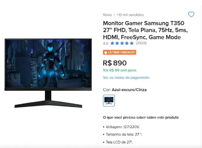 Monitor Gamer Samsung T350 27? FHD, Tela Plana, 75Hz, 5ms, HDMI