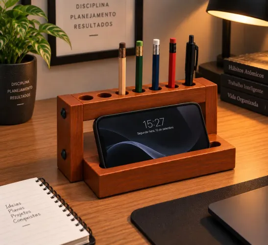 Organizador de Mesa em Madeira - Porta Canetas + Suporte para Celular
