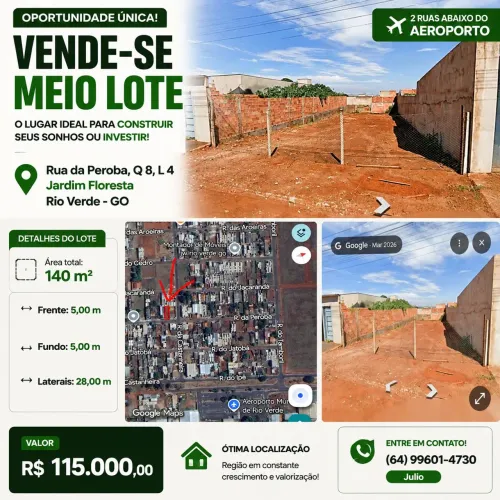 Meio Lote 140m² à Venda - Jardim Floresta, 2 Ruas do Aeroporto