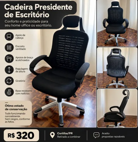 Cadeira Presidente de Escritório com Apoio de Cabeça - Excelente Estado