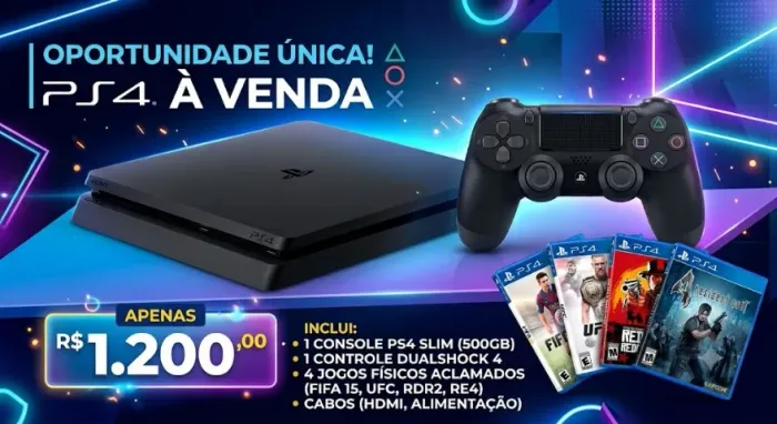 Playstation 4 500gb - PS4 - C/ 1 controle + cabos