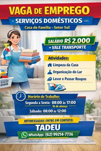 Oportunidade para Serviços Domésticos | Casa de Família - Setor Sul - Goiânia