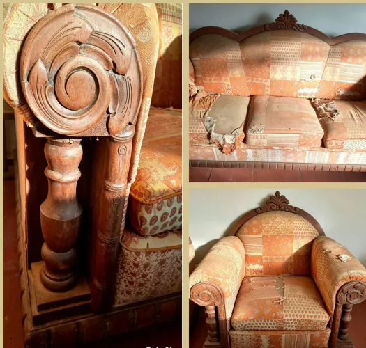 Conjunto de sofá antigo, madeira maciça  entalhada, perfeito  estado  só  trocar o estof. 