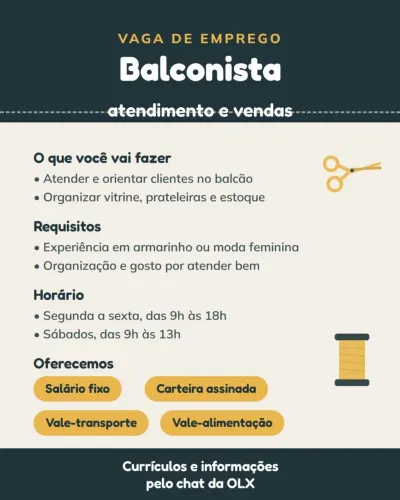 Balconista ? atendimento e vendas (experiência em armarinho ou moda feminina)