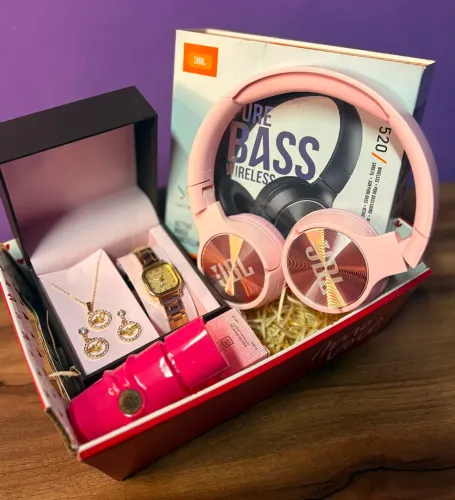 Fone Bluetooth rosa + conjunto colar e brincos + mini perfume - kit dia dos namorados