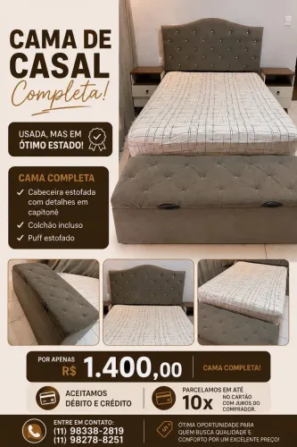 Cama box casal + cabeceira +puff baú 