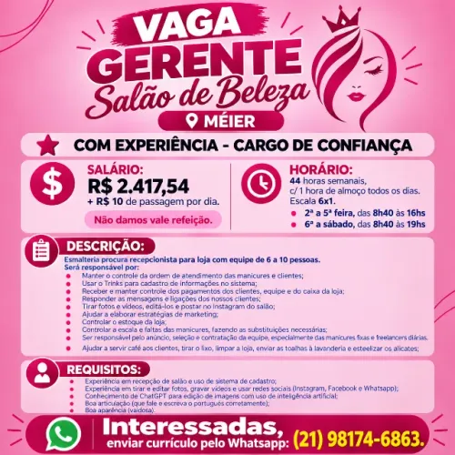 VAGA GERENTE SALÃO DE BELEZA -> MÉIER