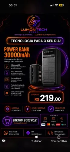 Carregador portátil 30.000 MaH com energia solar