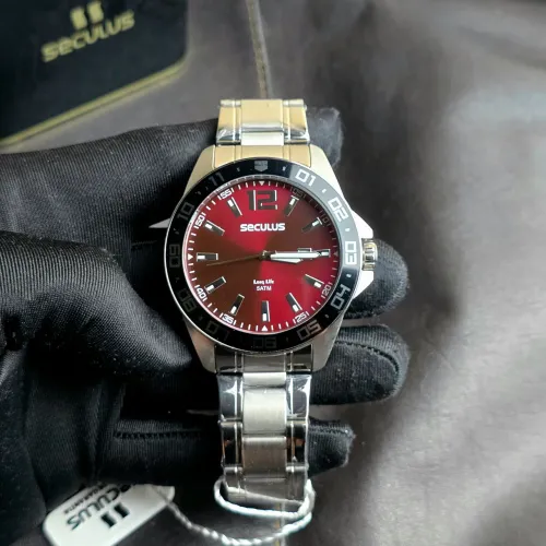 Relógio Seculus Long Life 45mm Prata vermelho 
