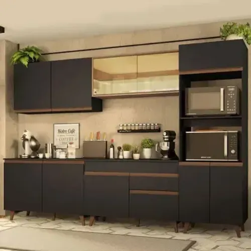 Armário Madesa Reims Completo com Balcões e Pia Preta - Preto/Rustic - Usado - Negociável