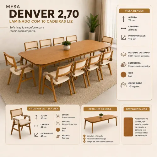 Mesa Denver de jantar 10 lugares 100% madeira 2.70m