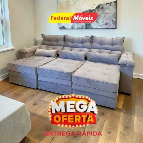 Sofá Retrátil Veludo Mega Oferta 2,90m c/ 3 Módulos - Fazemos Entregas