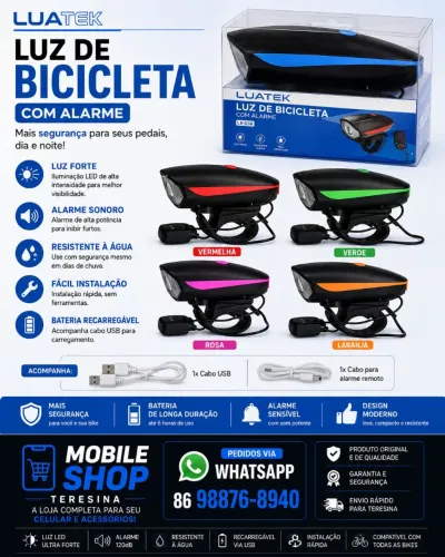 Farol Bicicleta Luatek LK-025 250 Lumens + Buzina 140dB Recarregável USB - Alarme Potente